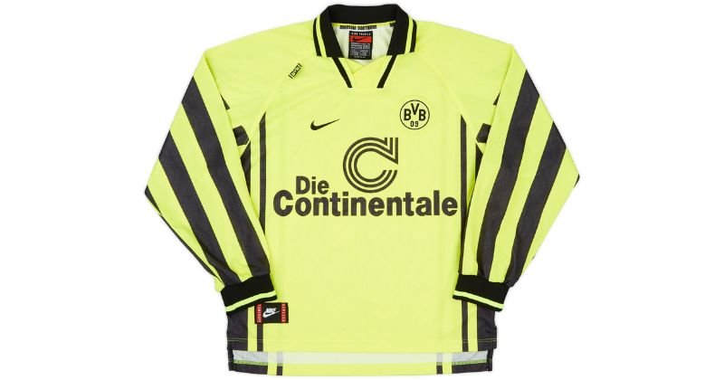 borussia dortmund 1996-97 home shirt in neon yellow with black details